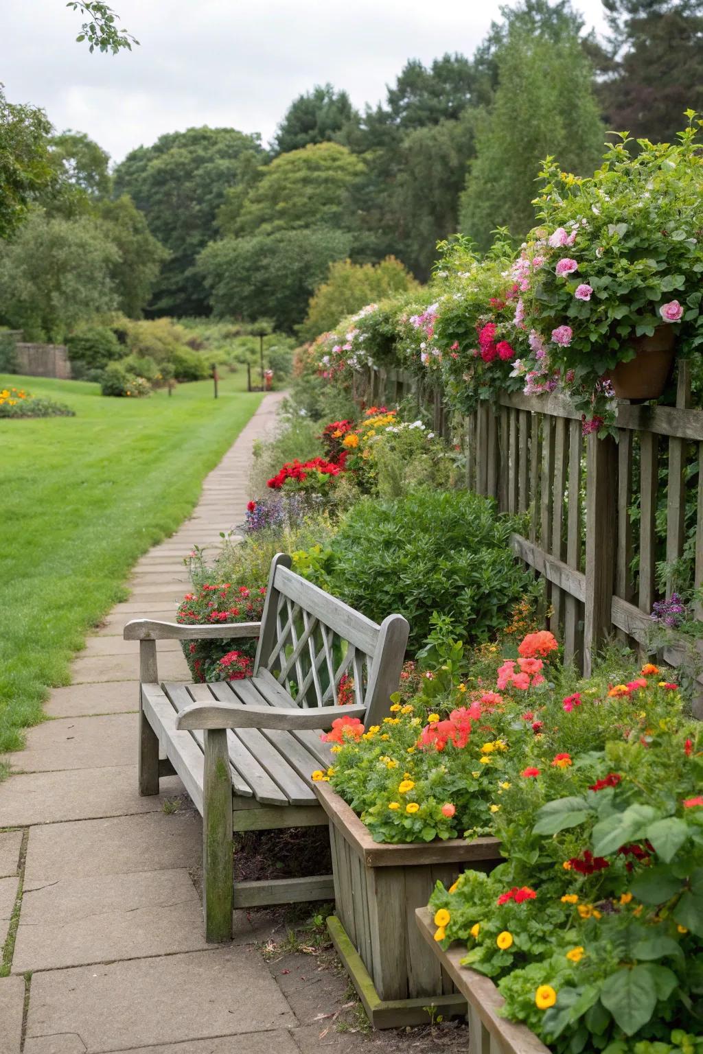 A bench with integrated planters adds layers to garden decor.