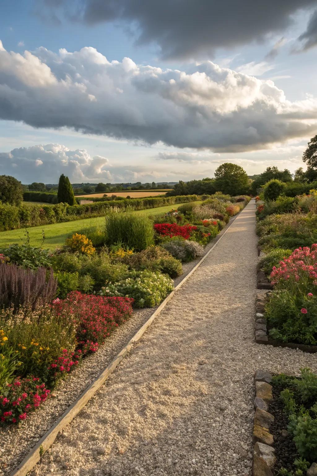 A garden featuring various gravel textures and colorful plants.