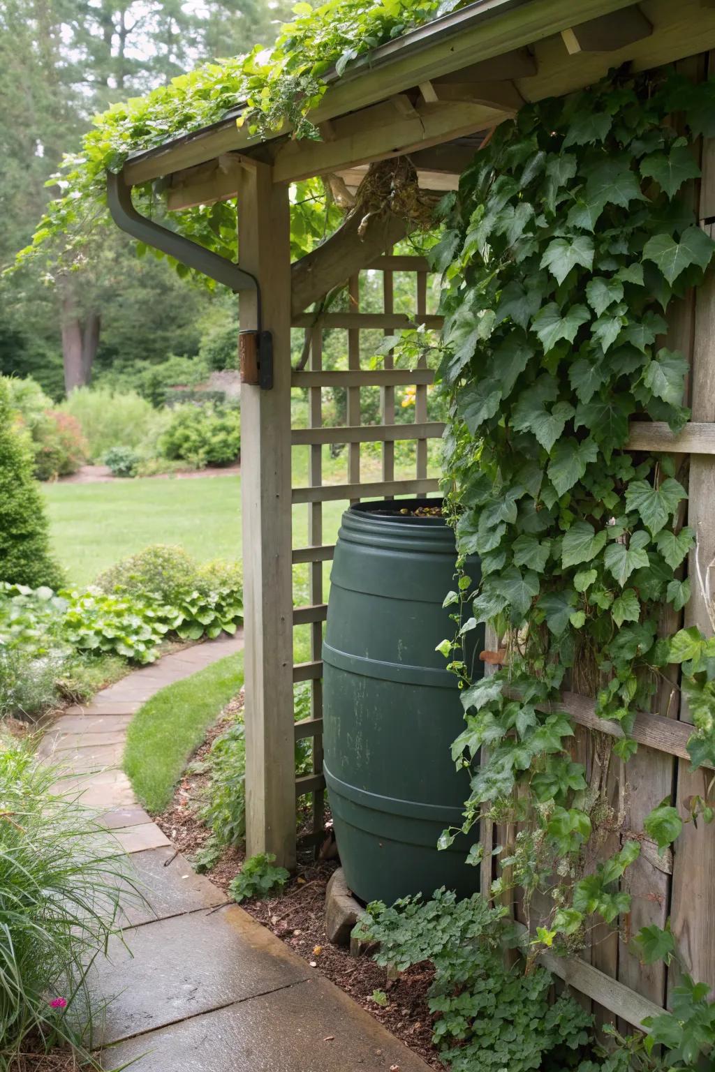 Nature's touch: A trellis and vine-covered rain barrel.