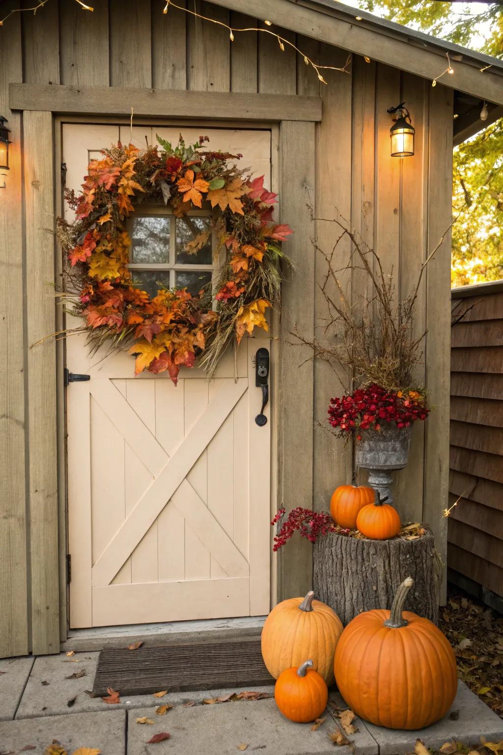 A shed adorned with festive seasonal decorations.