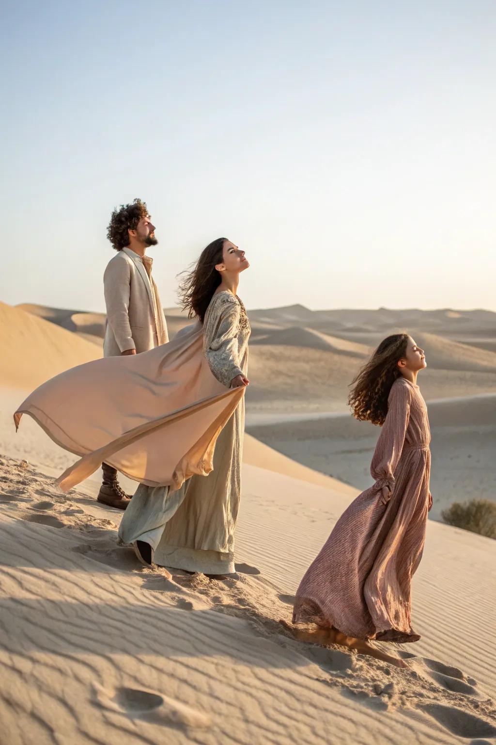 Flowing fabrics create a sense of movement and grace.