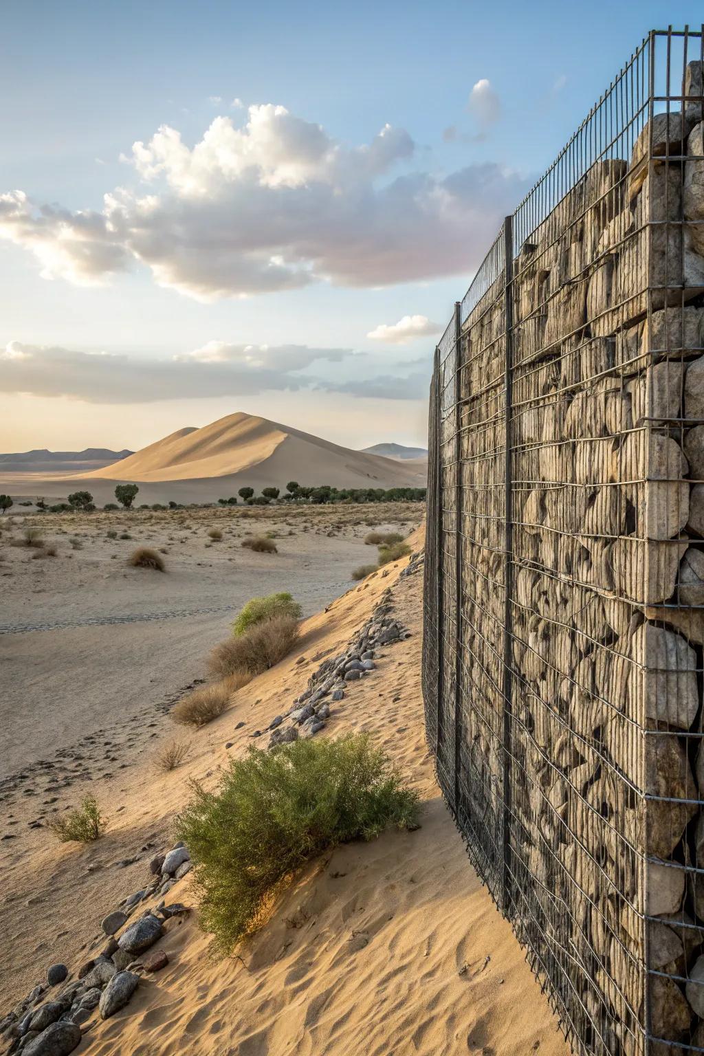 A gabion wall filled with stones provides a modern touch.