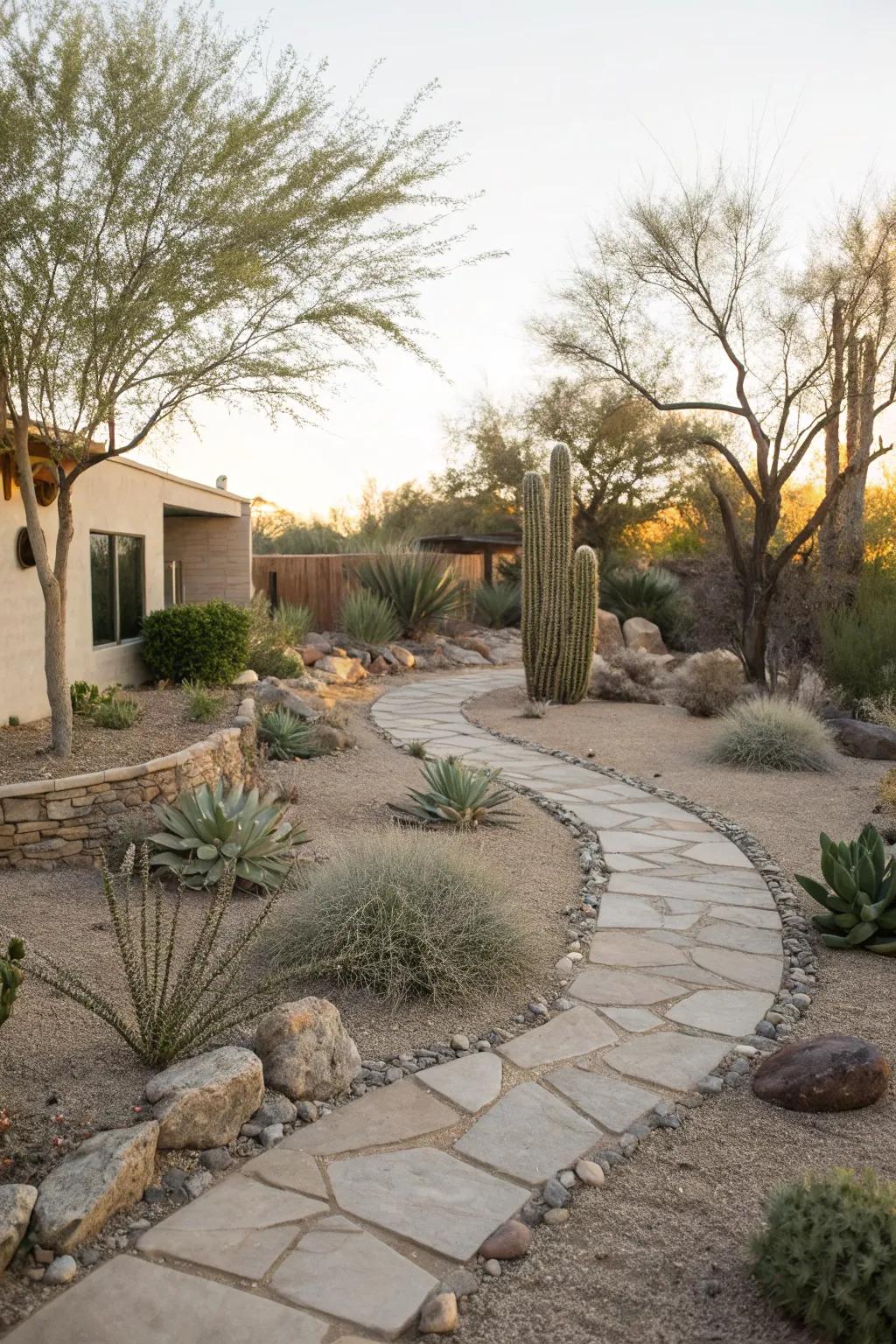 Elegant stone pathways weave through this desert front yard, adding structure and style.