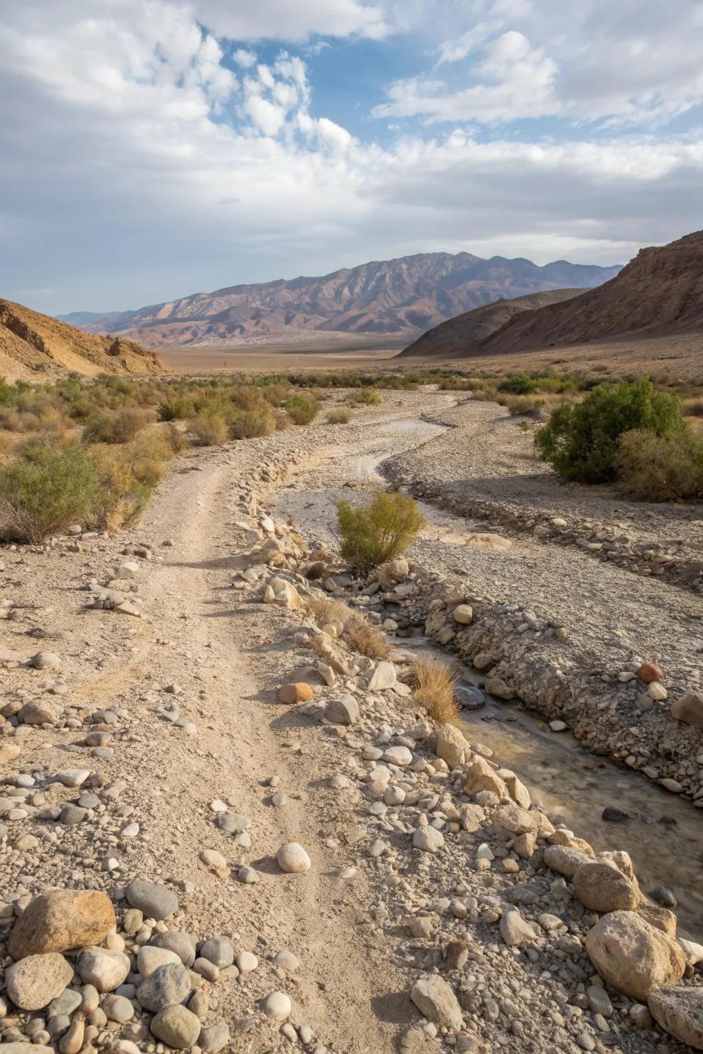 A dry creek bed adds movement and depth to the desert landscape.