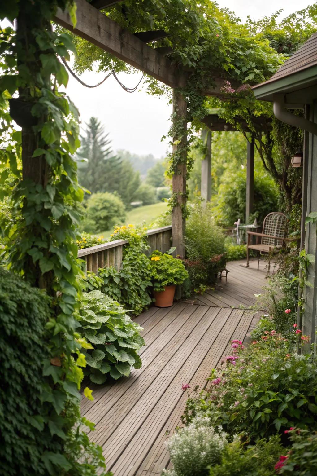 A deck surrounded by greenery creates a peaceful, natural retreat.