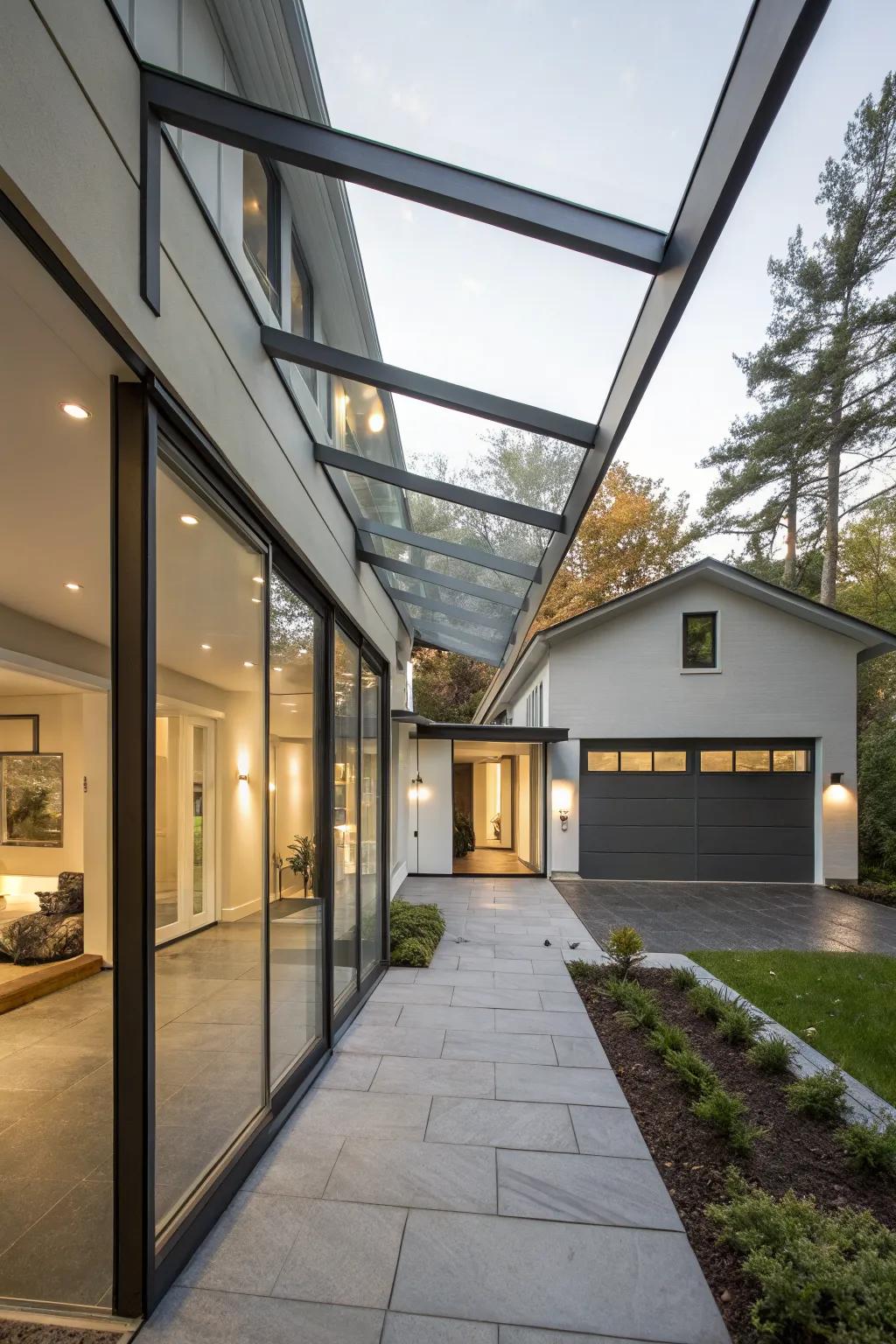 A sleek glass breezeway filled with natural light connects a home and garage.