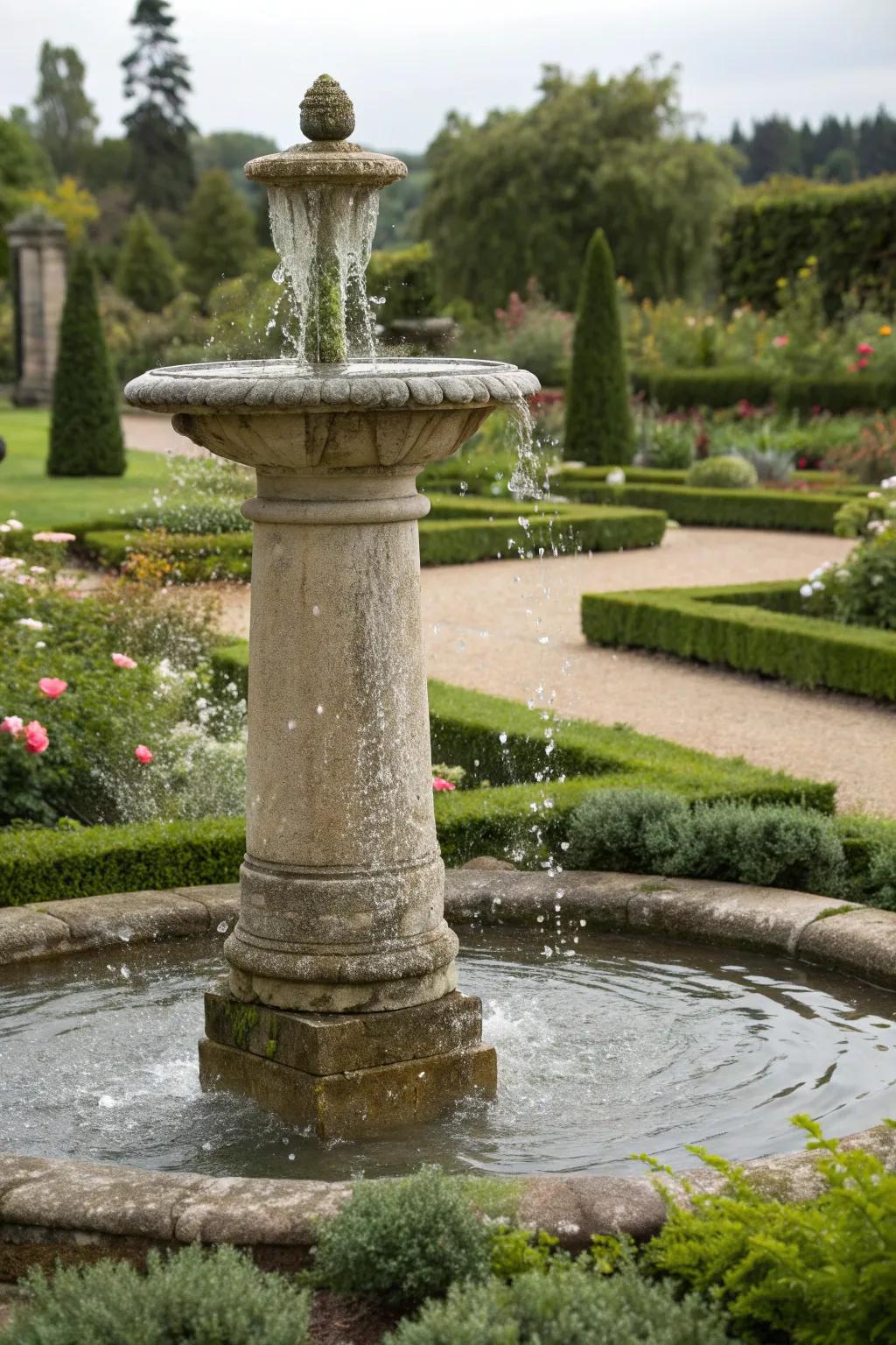 A vertical stone pillar serves as a striking disappearing fountain in a lush garden.