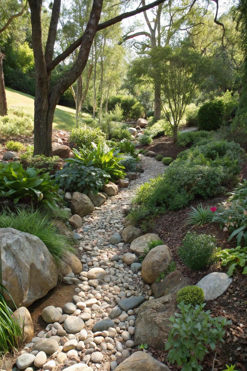 A dry creek bed artfully channels water while enhancing garden aesthetics.