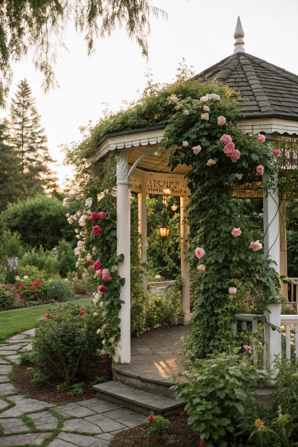 A garden-integrated gazebo with roses for a touch of romance.