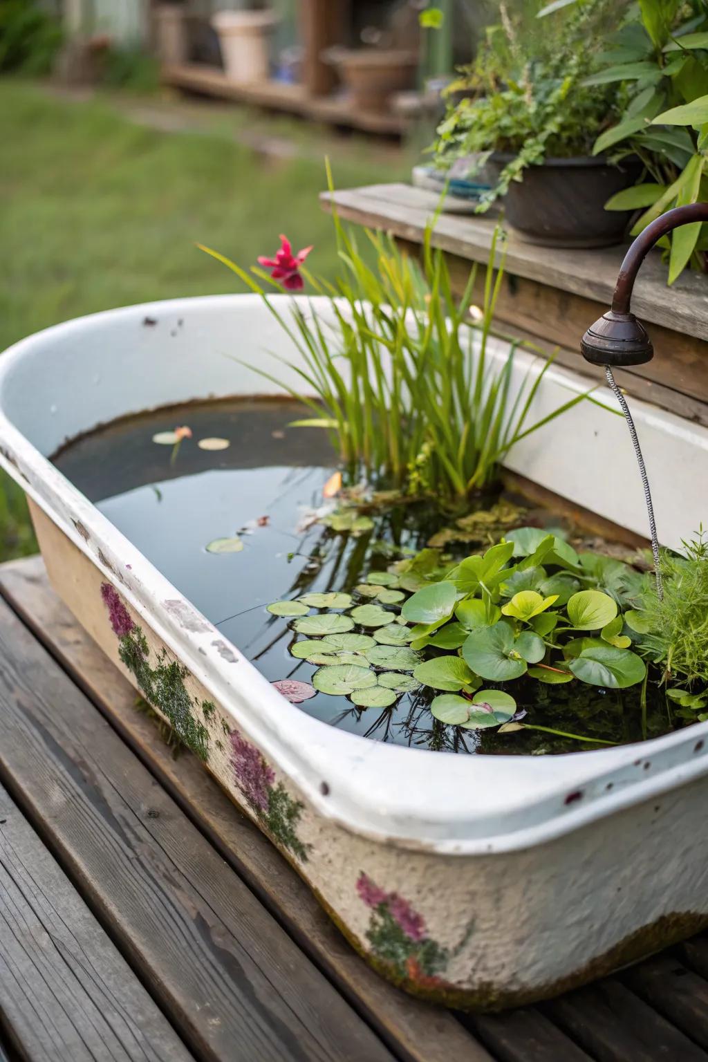 Repurpose an old container into a charming pond.