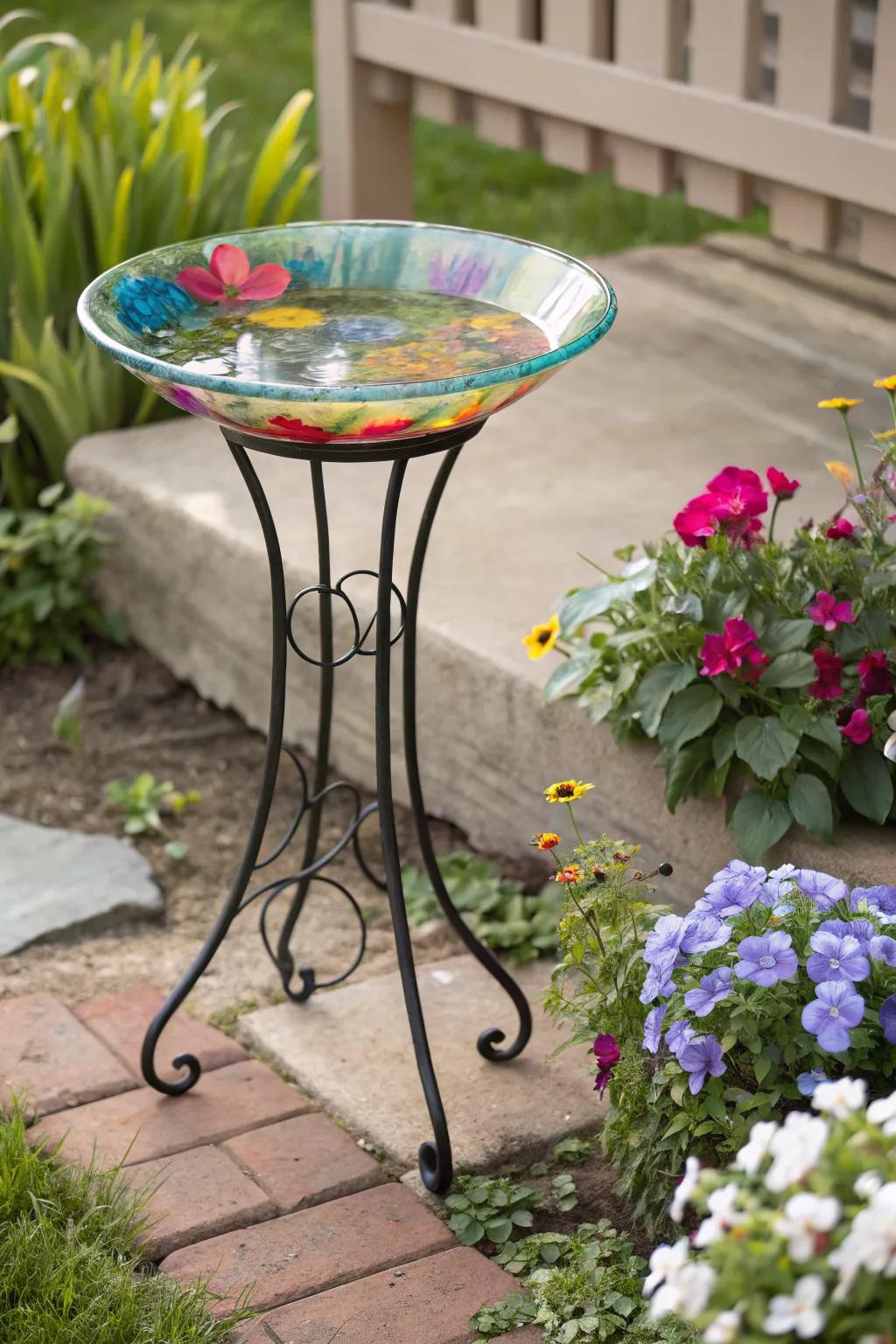 A vibrant glass bowl birdbath adds a pop of color to the garden.