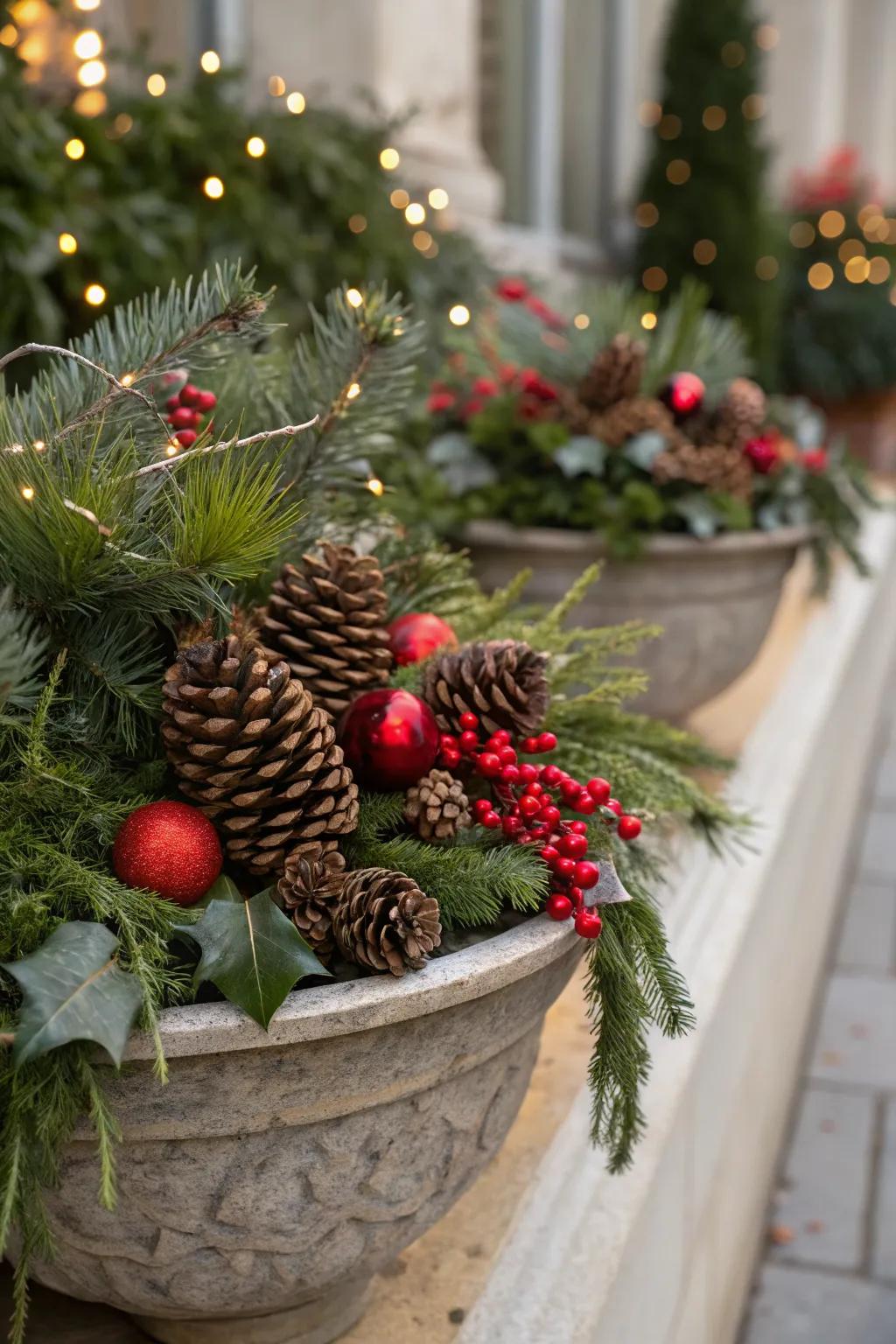Pine cones provide texture and a rustic feel.