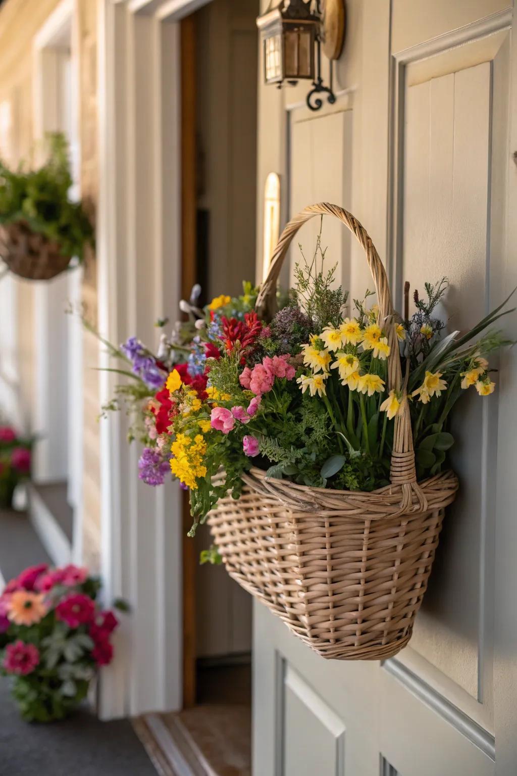 A floral basket door hanger offers a fresh take on Easter decor.