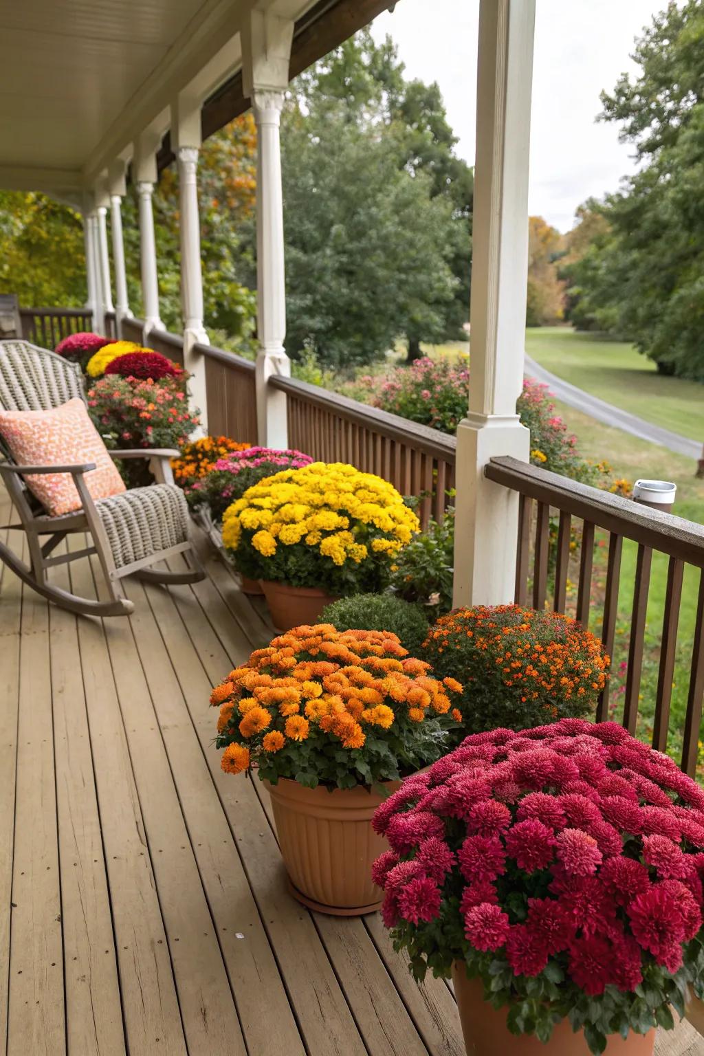 Colorful mums add life to a fall porch.