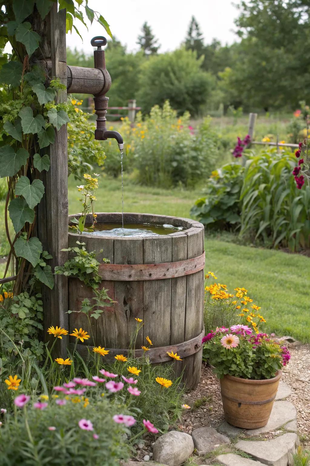 Embrace rustic charm with a wooden barrel fountain.