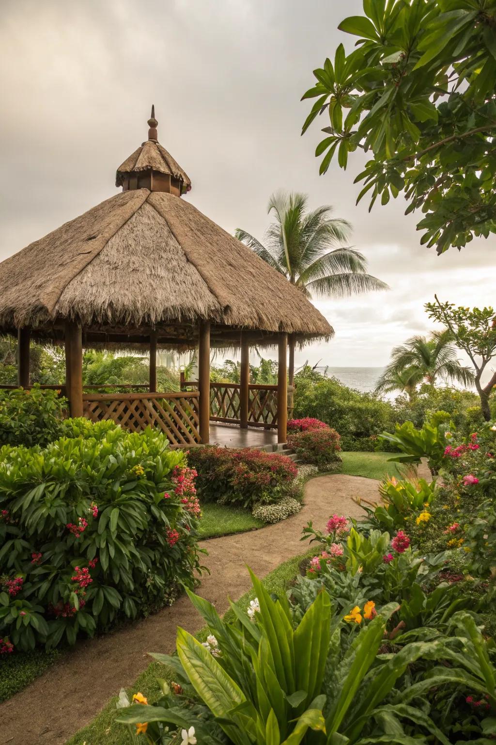 Create an island getaway with natural thatch roofing.
