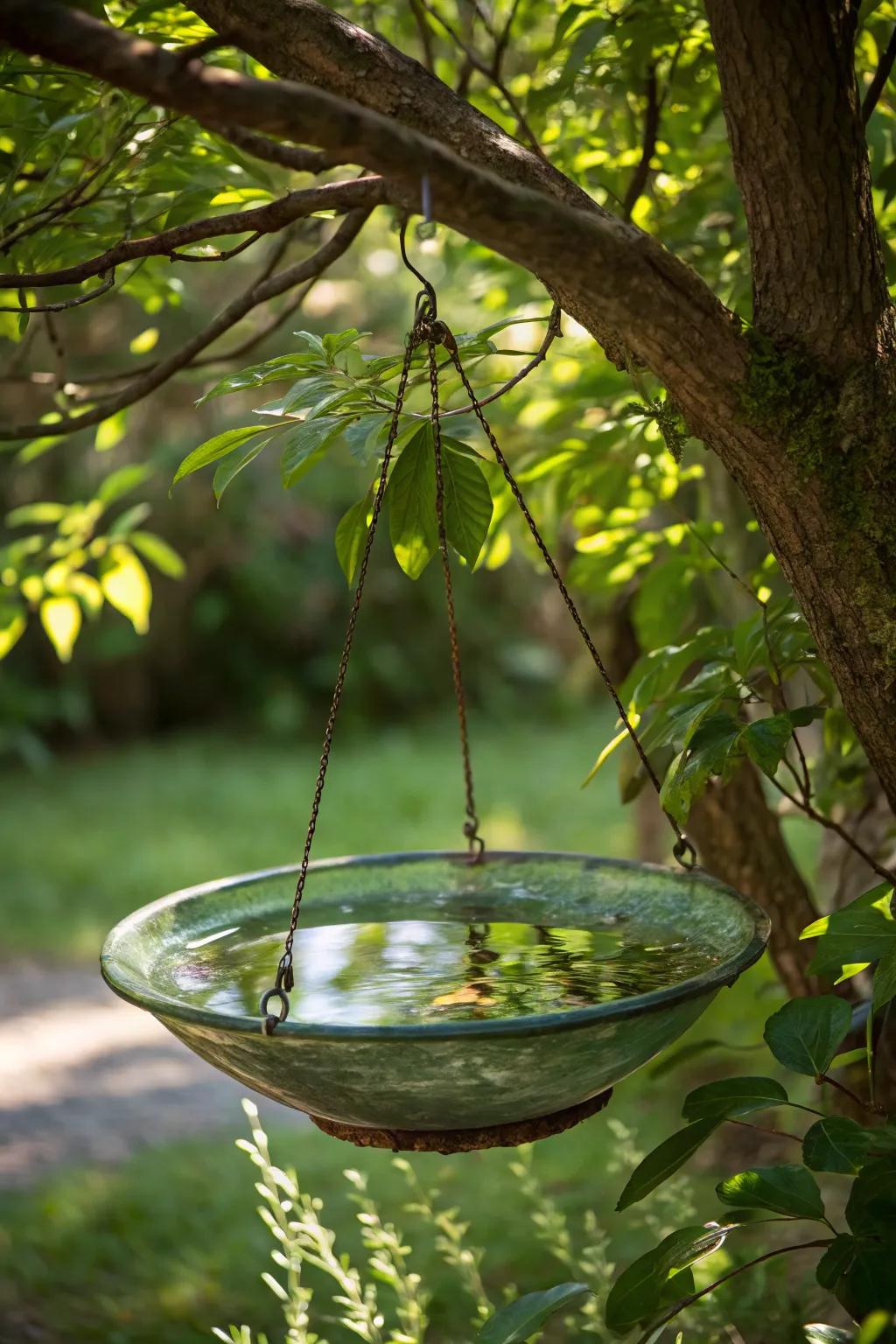A delicate glass bowl bird bath sways gently in the breeze.