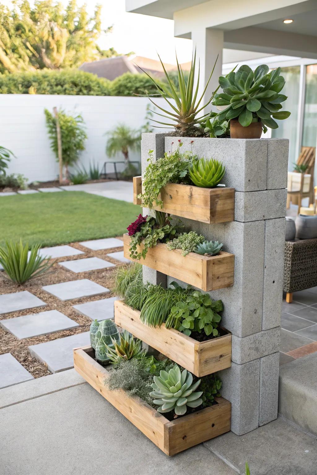 Combine cinder blocks and wood for an industrial plant display.