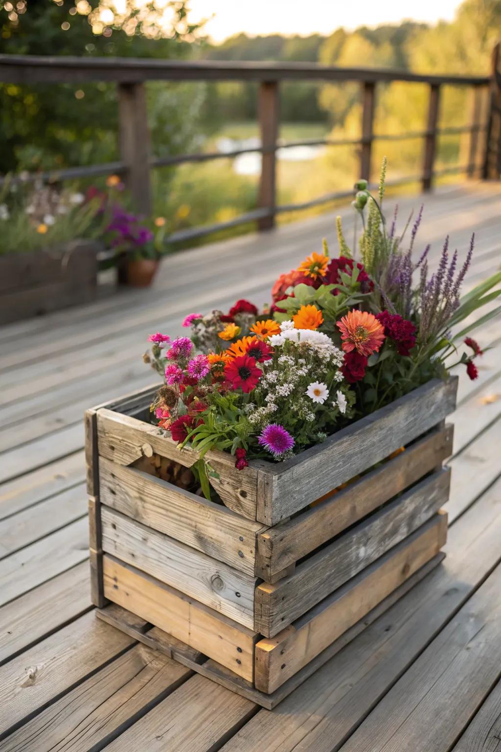 Rustic charm meets functionality with a wooden crate planter.