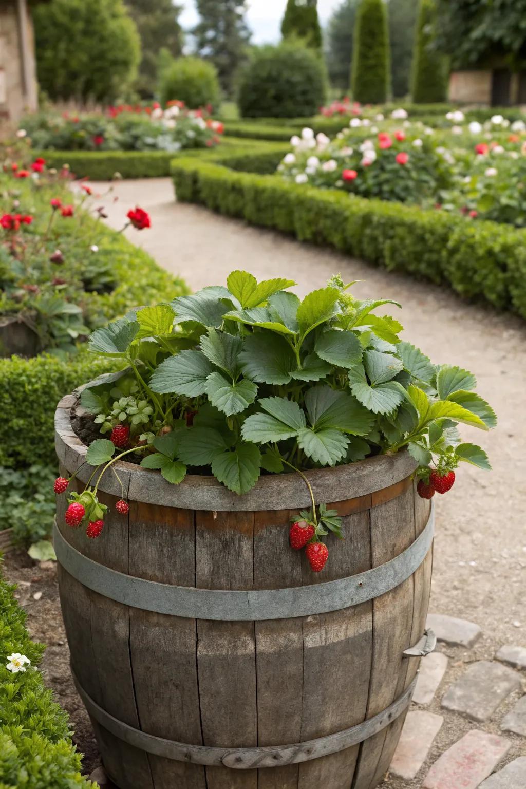 Rustic charm with repurposed barrel planters