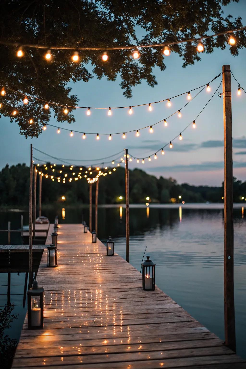 String lights creating a cozy atmosphere over a dock.