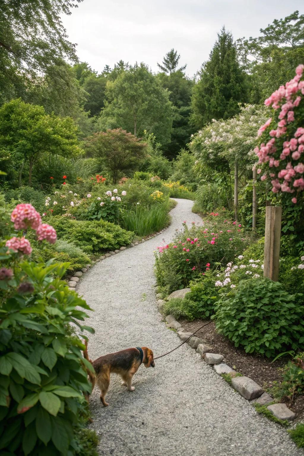 Gravel paths offer charm and practicality for your dog's adventures.