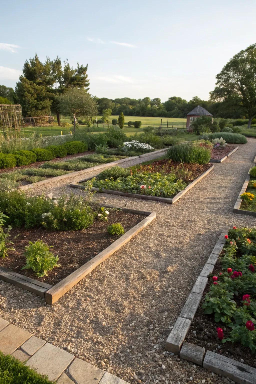 Durable garden landscaping with gravel and mulch