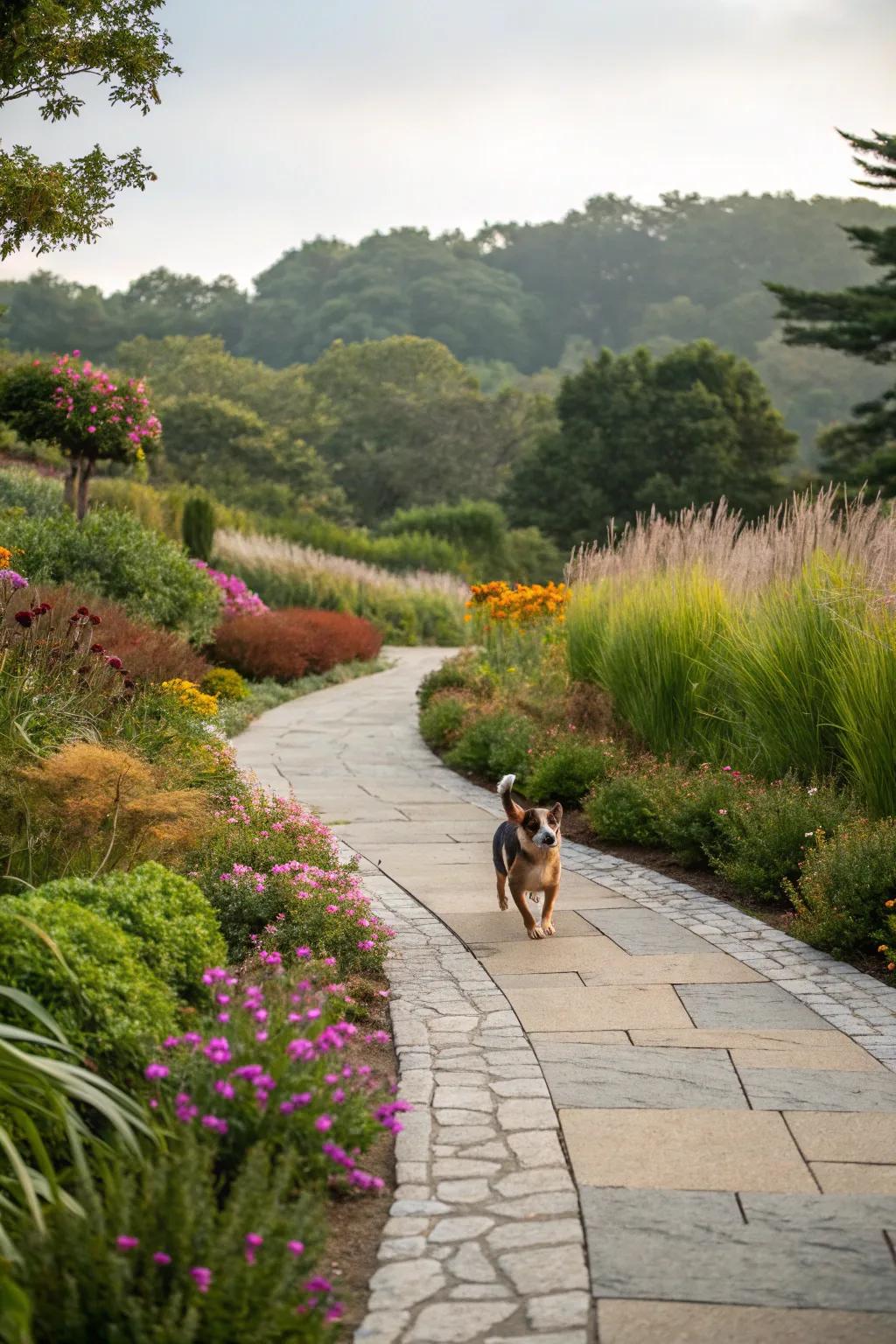 Elegant stone pathways add structure and charm to a dog run.