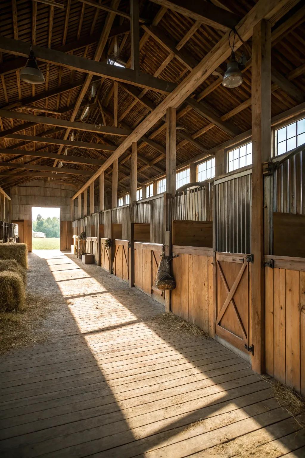 Stall dividers providing individual space for each donkey.