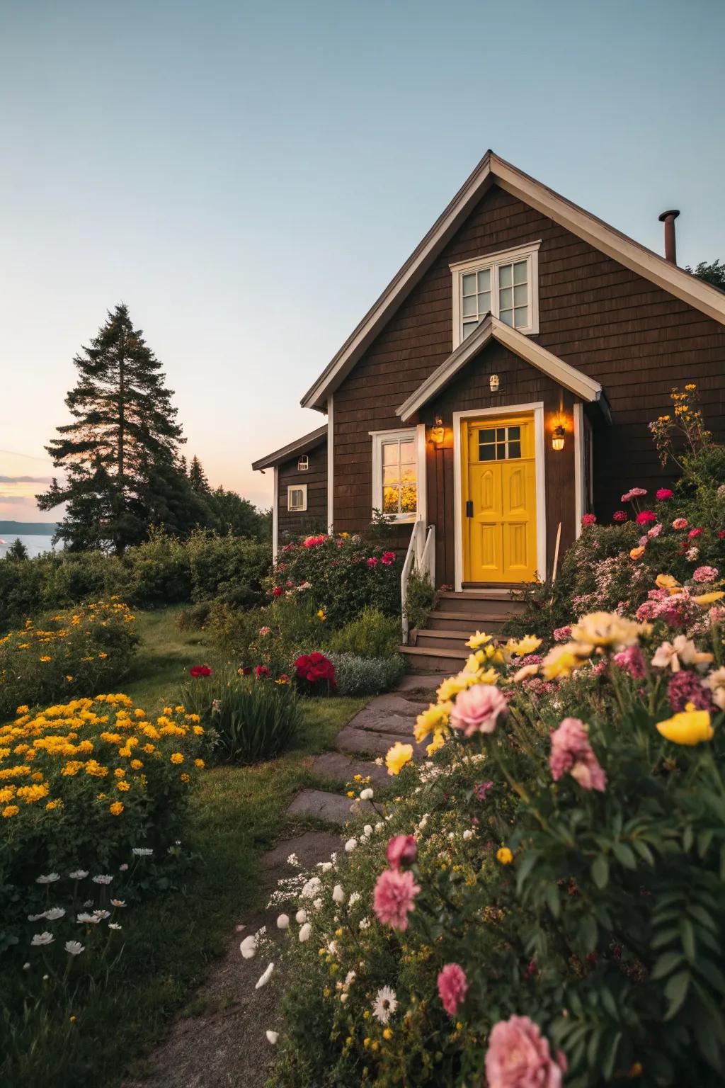 A yellow door adds a cheerful and inviting feel to a brown exterior.