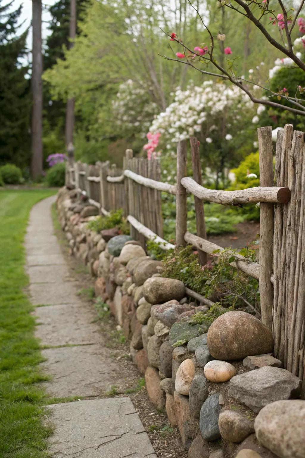 Driftwood and stones blend for a robust garden fence.
