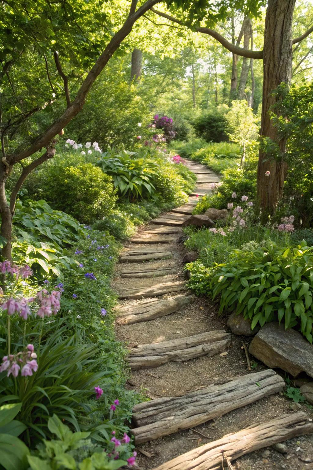 Charming garden path bordered with driftwood.