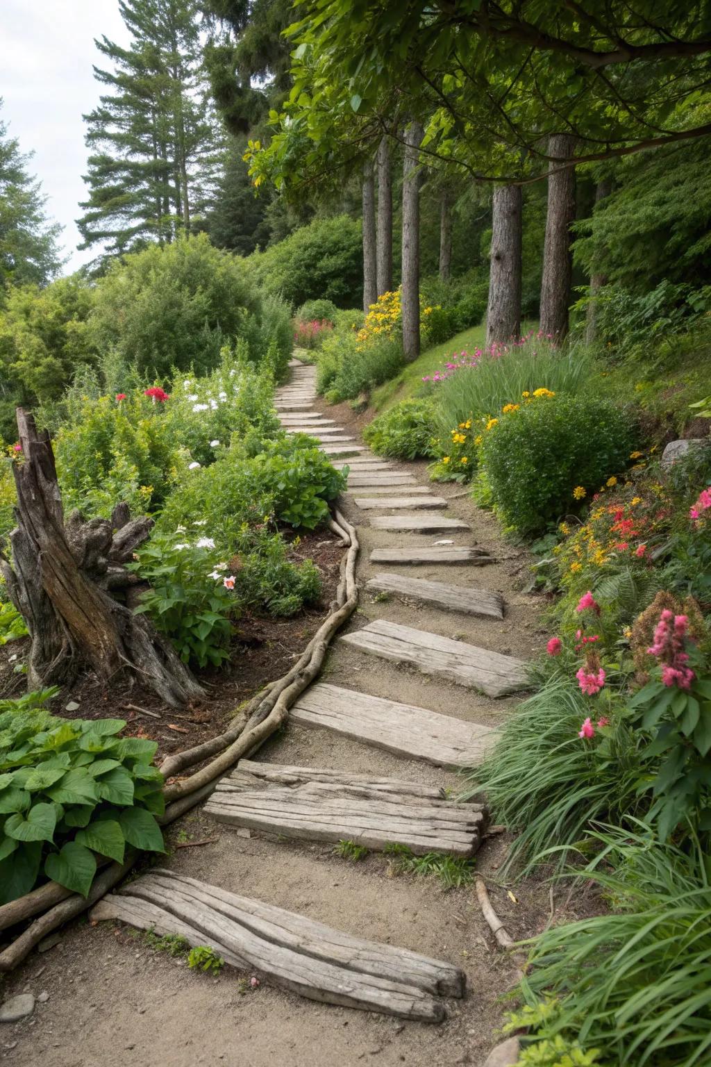 Driftwood edging lining a charming garden path.