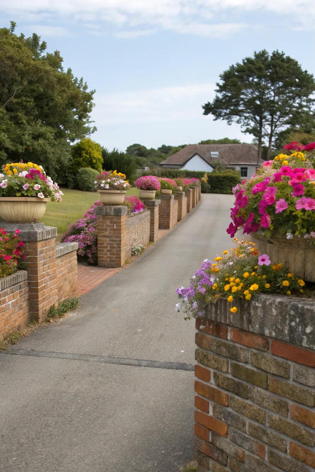 Brick walls serving as raised planters add texture and greenery to the driveway.