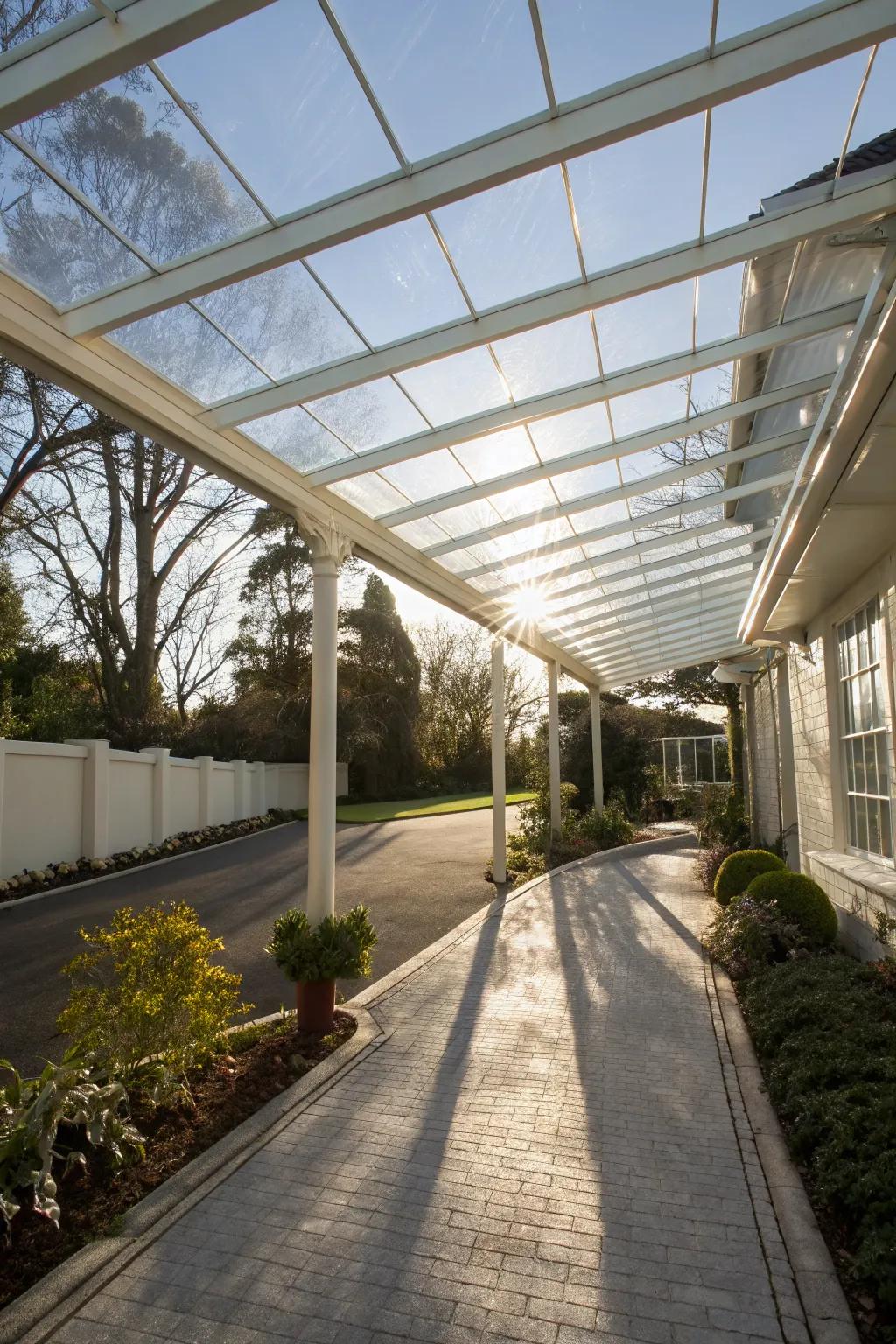 A transparent glass canopy that allows light while providing shelter.