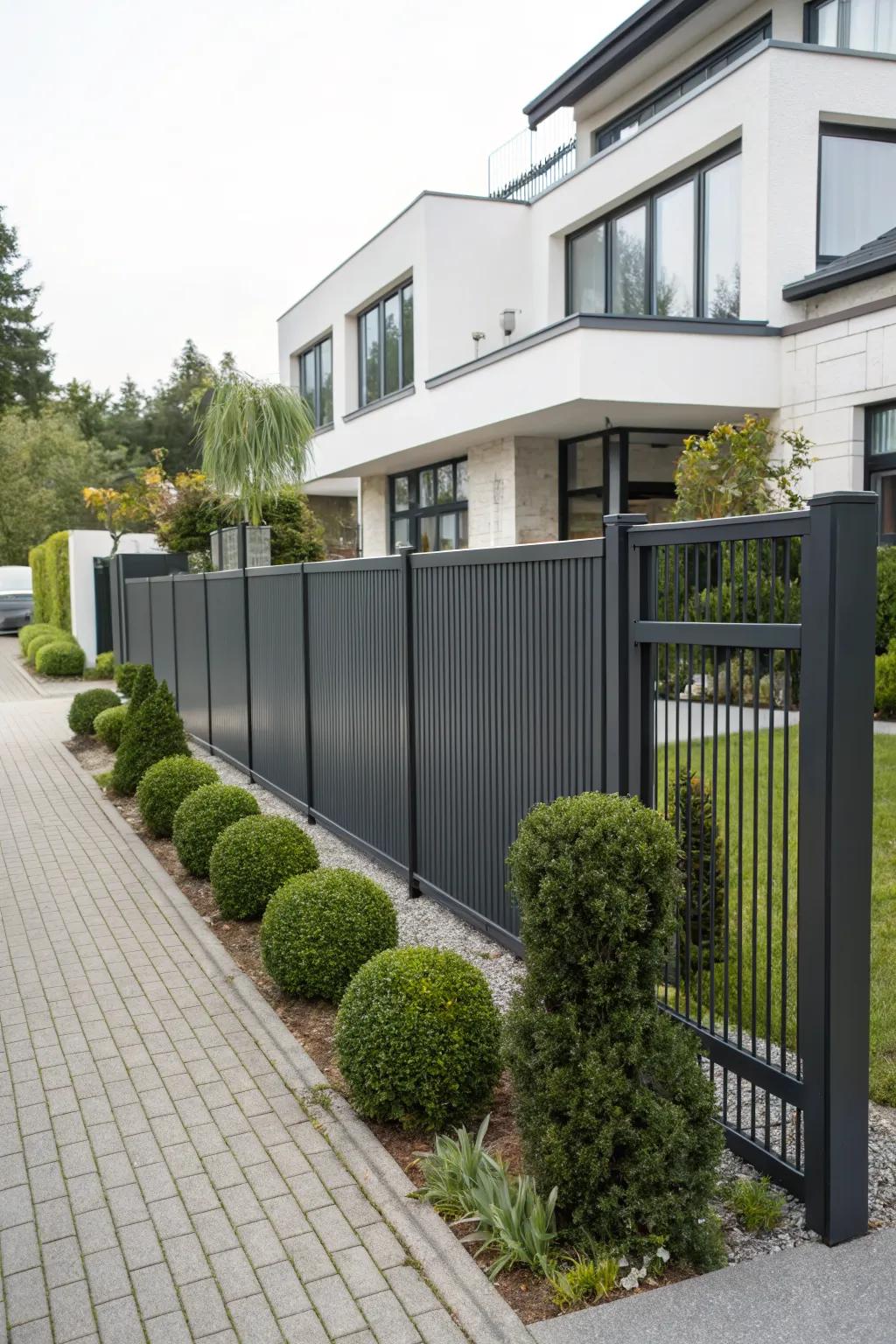 Metal panels provide a sleek, modern contrast to a garden setting.
