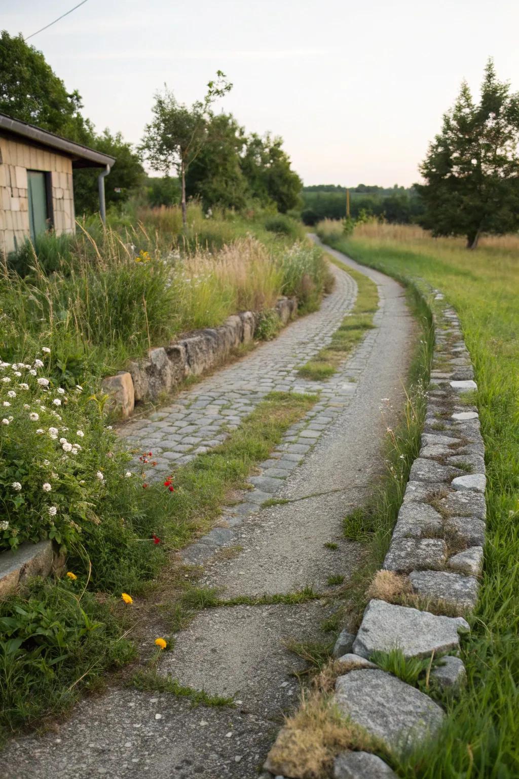 Stone and gravel pathways add rustic charm to driveway entrances.