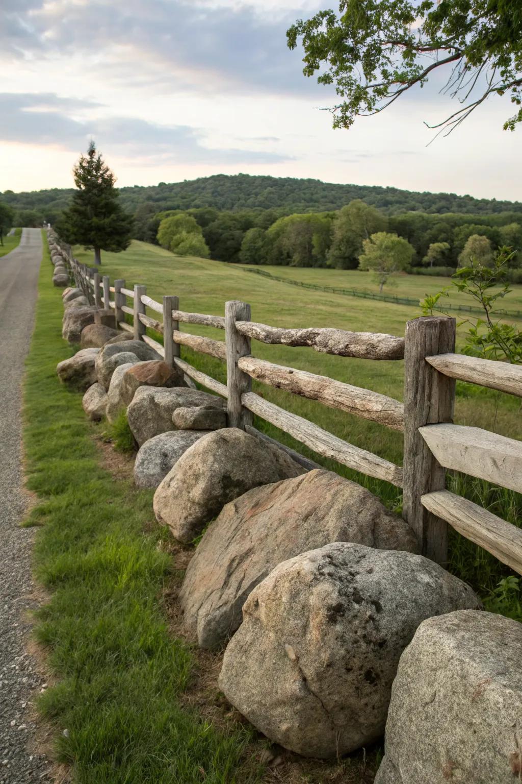 Stone accents enhancing the rustic charm of a split rail fence.