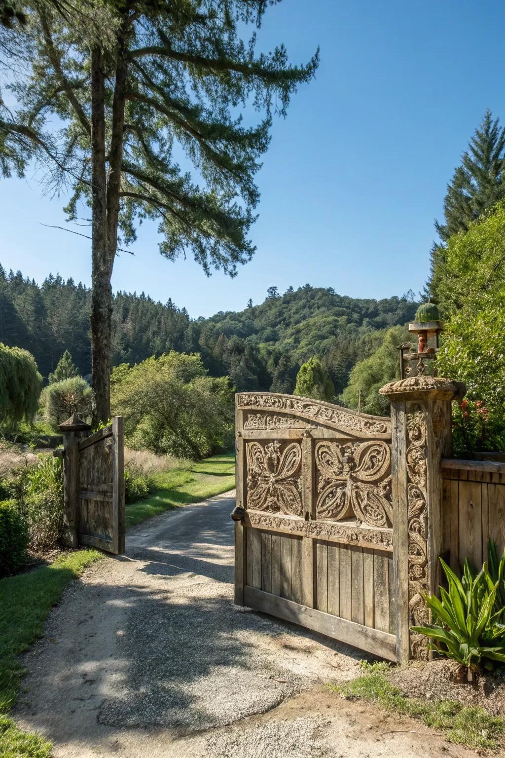A warm and rustic wooden gate nestled in natural surroundings.