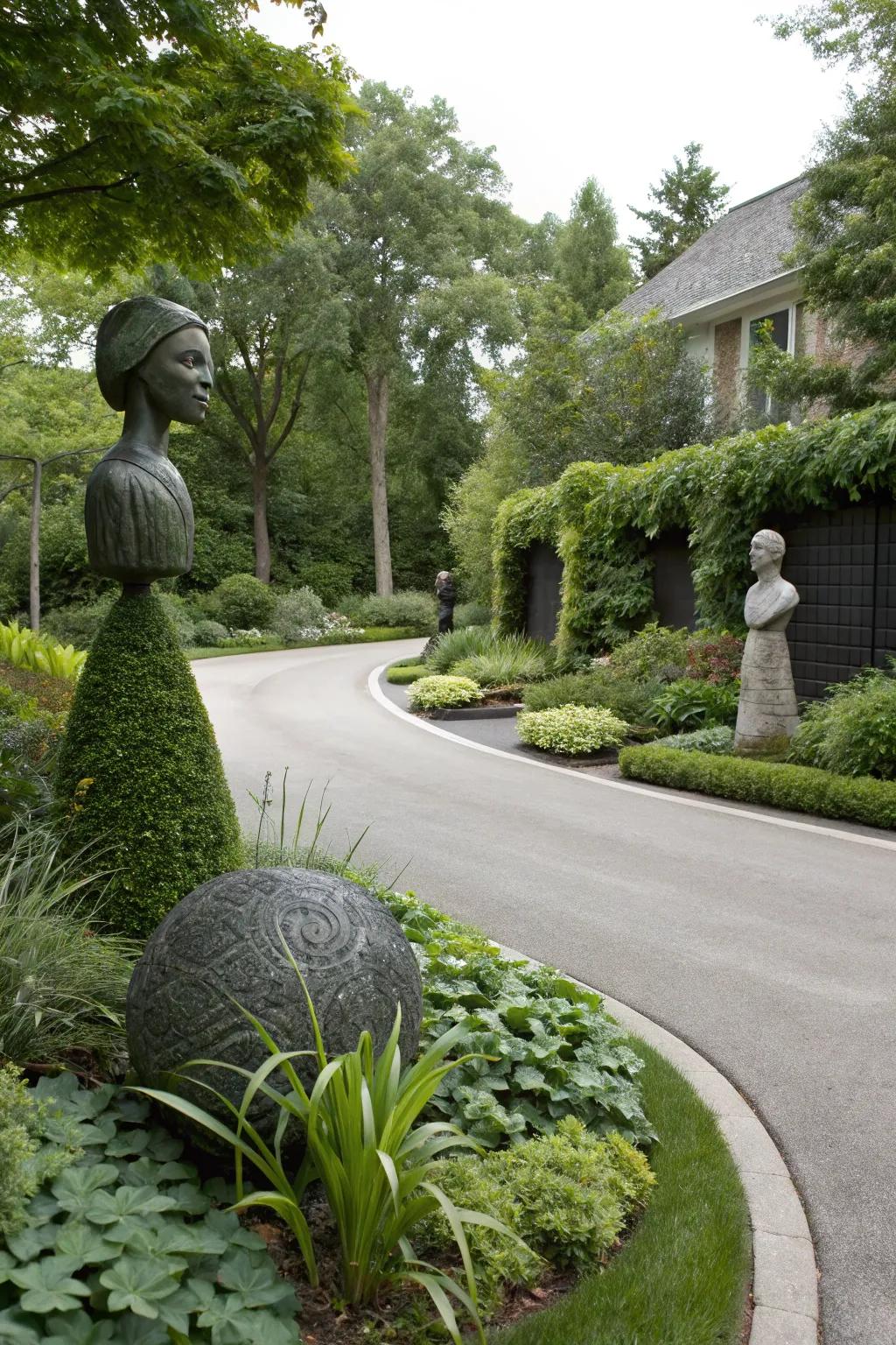 Sculptural elements add artistic flair to your driveway island.