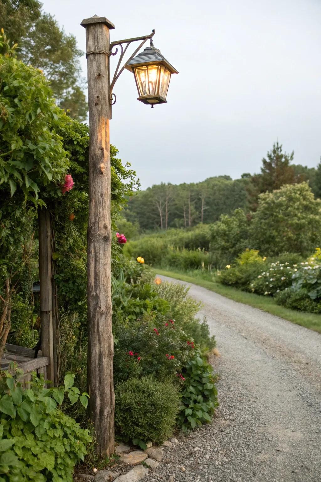 Rustic wooden lamp post complements natural surroundings.