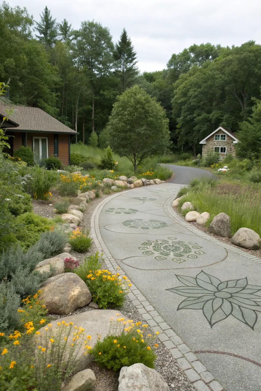 A driveway with organic designs that harmonize with nature.