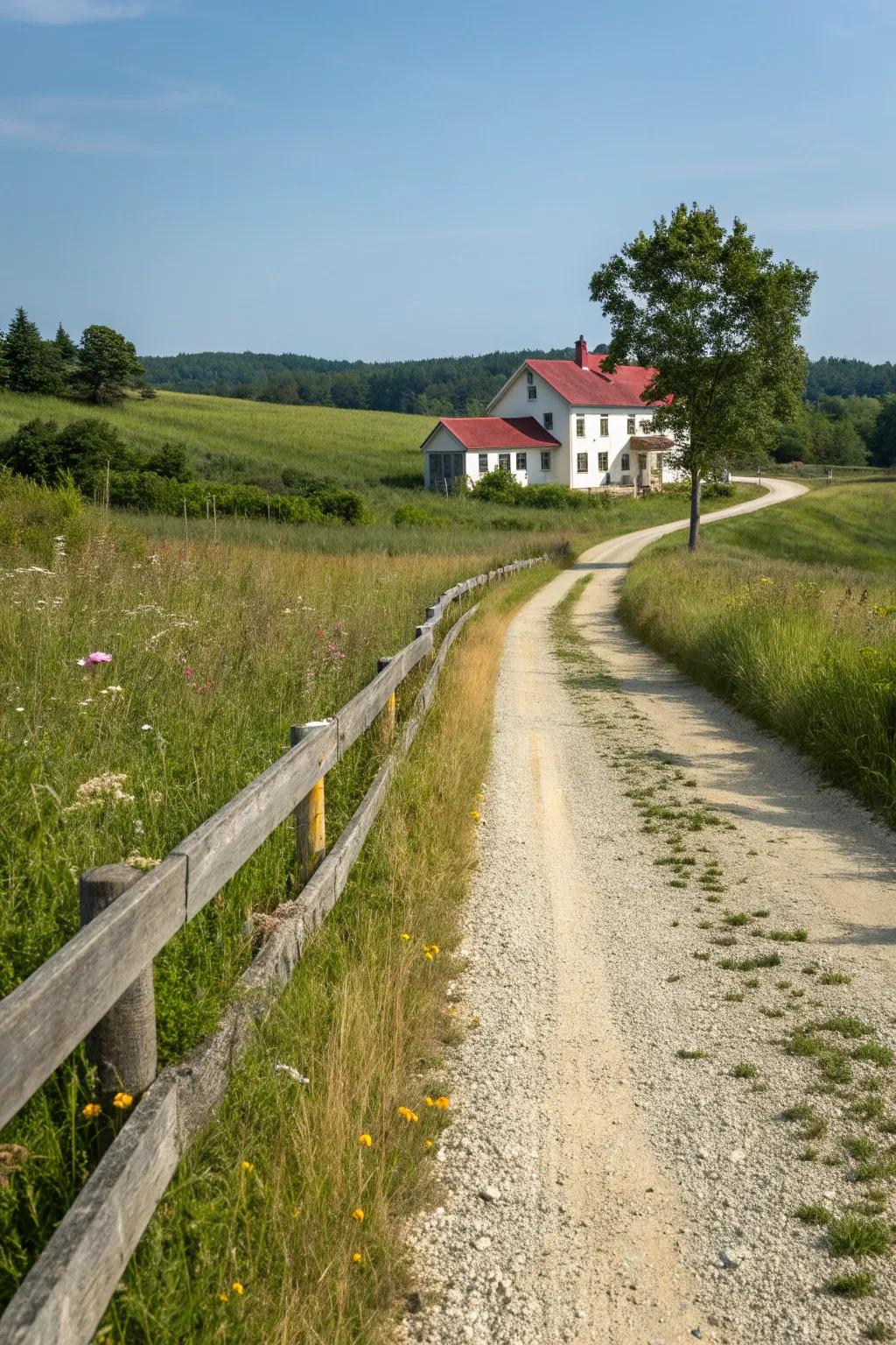 A rustic gravel driveway enhances the charm of a countryside home.