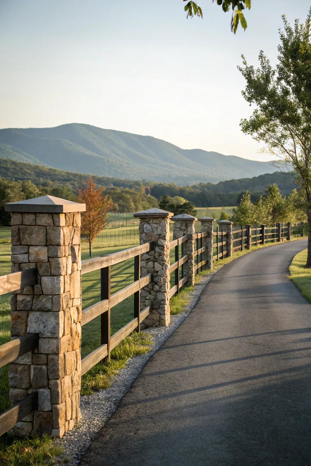 Stone pillars add a sophisticated touch to a split rail fence.