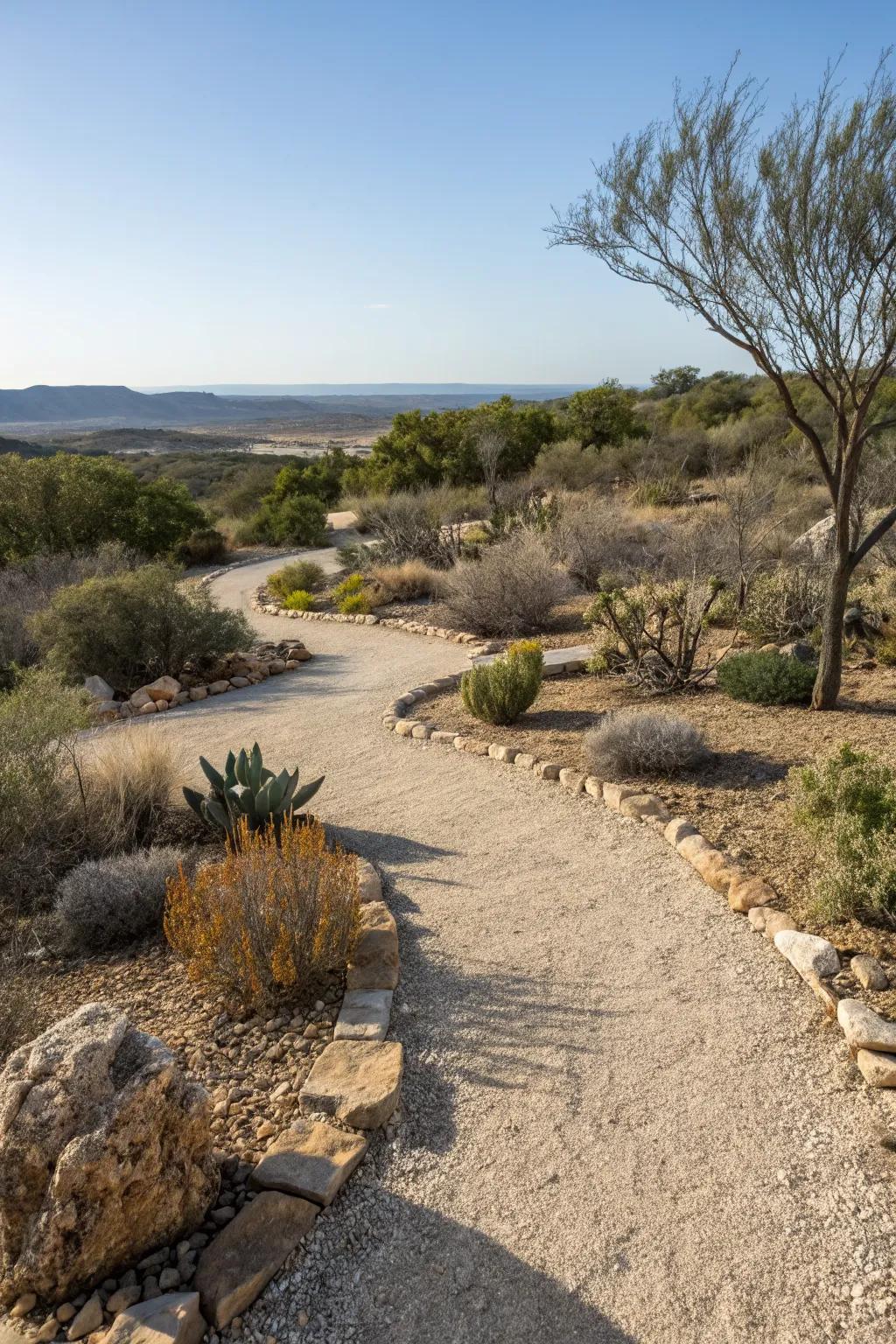 Hardscaping adds elegance and reduces water use.