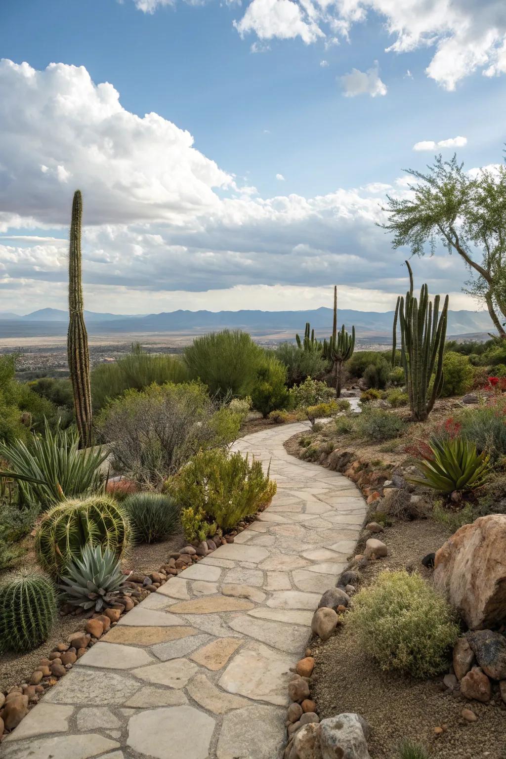 Winding pathways invite exploration while adding depth to dry garden designs.