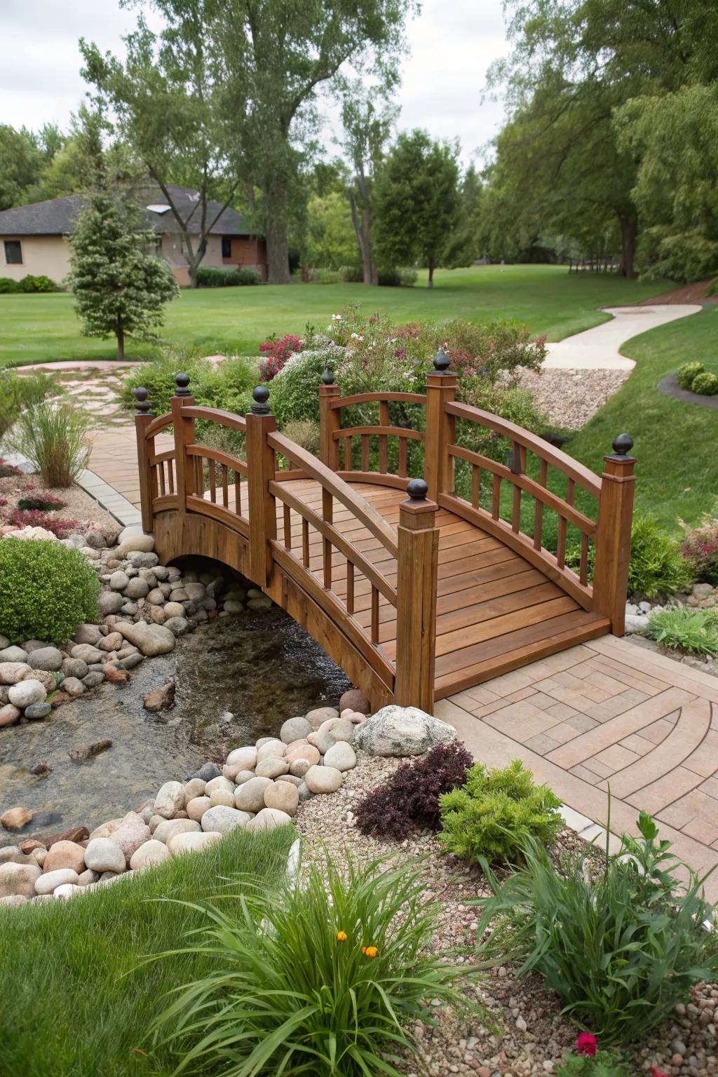 A charming bridge adds whimsy to a dry river bed.