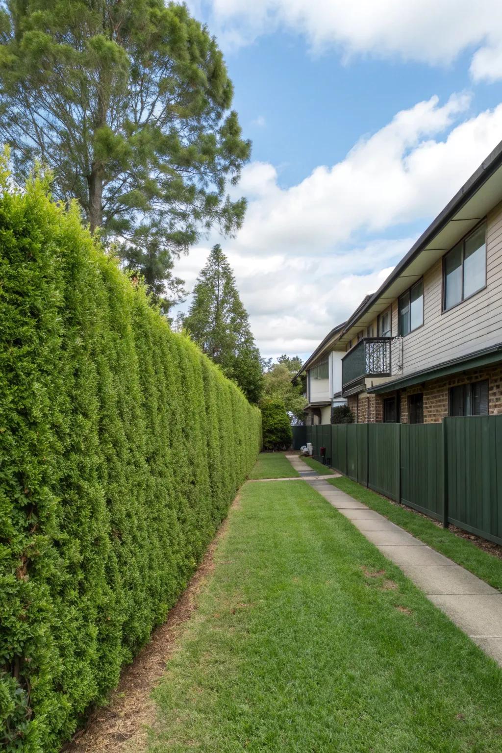 Green fences offer stylish privacy for duplexes.