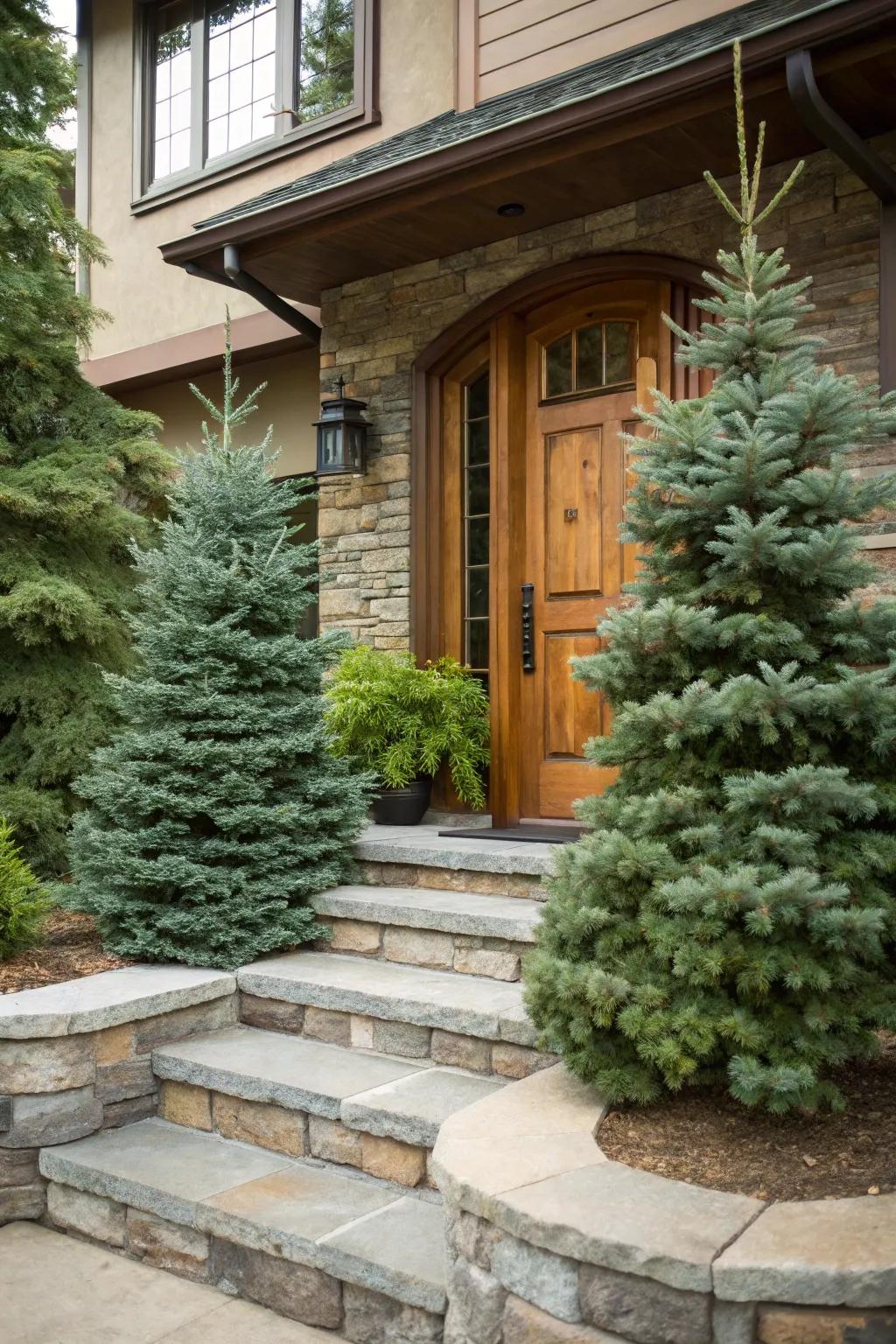 Dwarf Alberta spruce framing a charming home entryway.