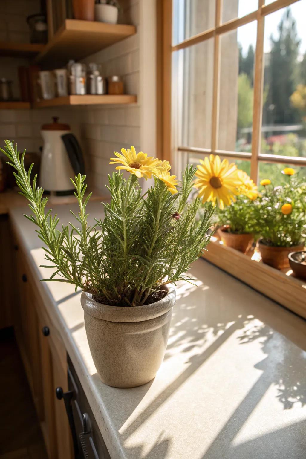 A harmonious blend of herbs and flowers, perfect for a sunny windowsill.